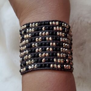 BROWN BLACK GOLD BEAD  CHUNKY SNAP CUFF LEATHER BRACELET